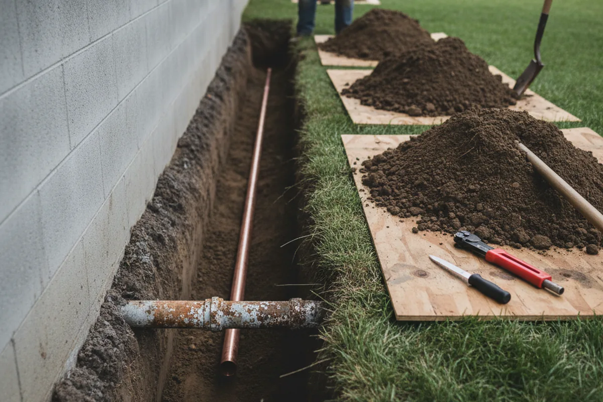 Excavated water line trench during Water Softener Installation in Walthall